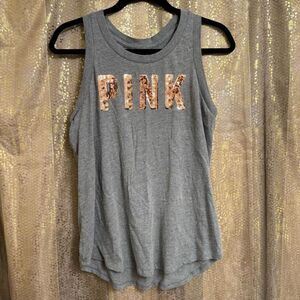 PINK Victorias Secret Gray Rosegold Sequin Bling Racerback Tank Top Large